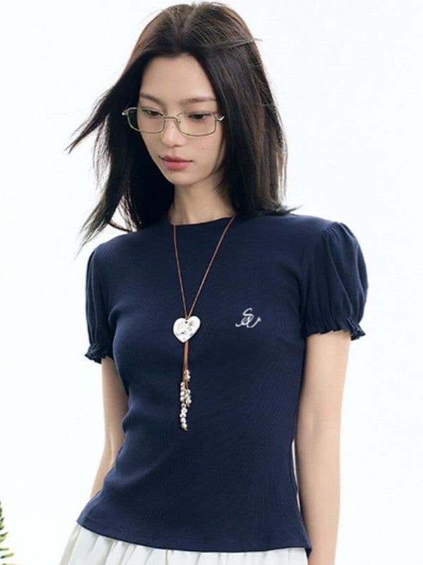insliisa 긍정적 인 어깨 반팔 티셔츠 여성 단색 2026 년 여름 쇼트 스타일 슬림해 보이는 기초 거품 소매 짧은 맨위 상세 이미지 1