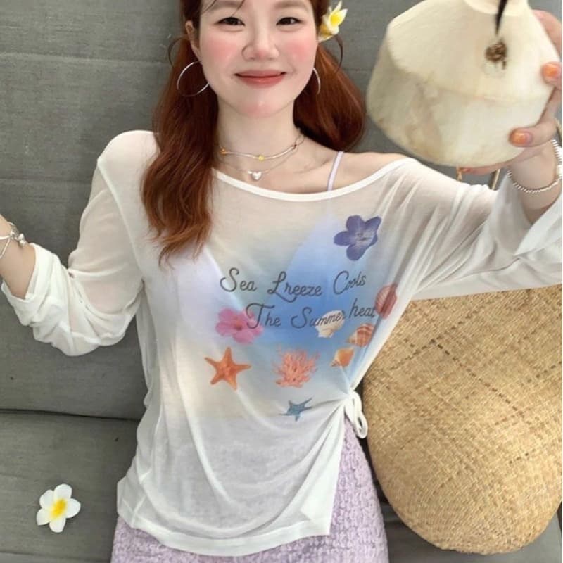 열세 개 y.jia 봄 한 부서 얇은 스타일 긴팔 비스듬한 어깨 티셔츠 맨위 꽃무늬 반신 롱 스커트 투피스 슈트 여성 이미지 5