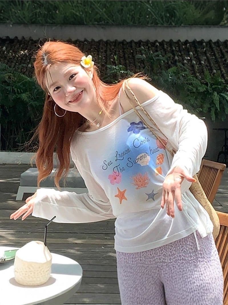 열세 개 y.jia 봄 한 부서 얇은 스타일 긴팔 비스듬한 어깨 티셔츠 맨위 꽃무늬 반신 롱 스커트 투피스 슈트 여성 상세 이미지 2