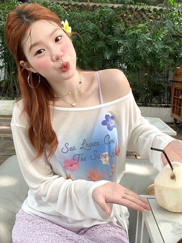 열세 개 y.jia 봄 한 부서 얇은 스타일 긴팔 비스듬한 어깨 티셔츠 맨위 꽃무늬 반신 롱 스커트 투피스 슈트 여성 상세 이미지 3