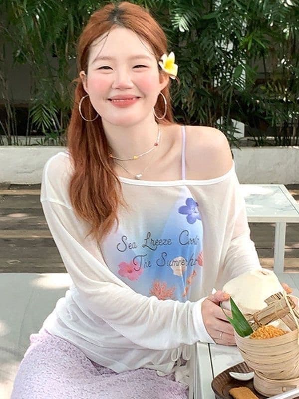 열세 개 y.jia 봄 한 부서 얇은 스타일 긴팔 비스듬한 어깨 티셔츠 맨위 꽃무늬 반신 롱 스커트 투피스 슈트 여성 상세 이미지 4