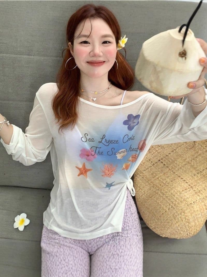 열세 개 y.jia 봄 한 부서 얇은 스타일 긴팔 비스듬한 어깨 티셔츠 맨위 꽃무늬 반신 롱 스커트 투피스 슈트 여성 상세 이미지 5