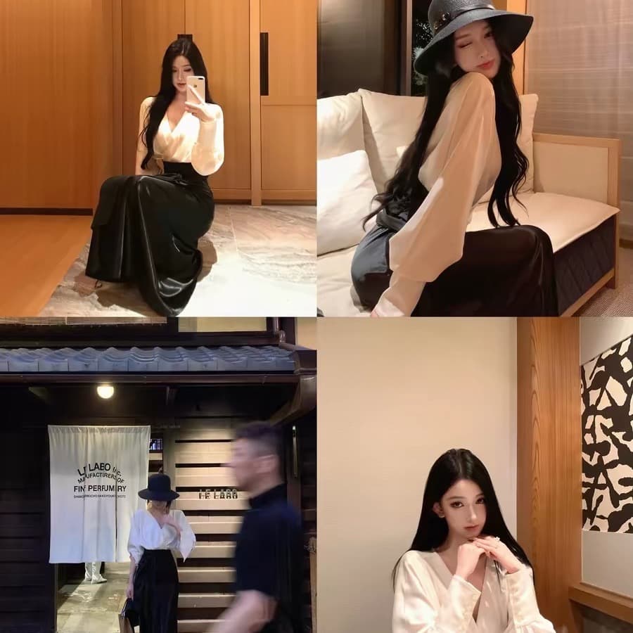 jayky yang 그는 벤 미스 배색 V넥 배트윙 소매 품격 셔츠 스트랩 허리 수축 긴팔 맨위 이미지 5