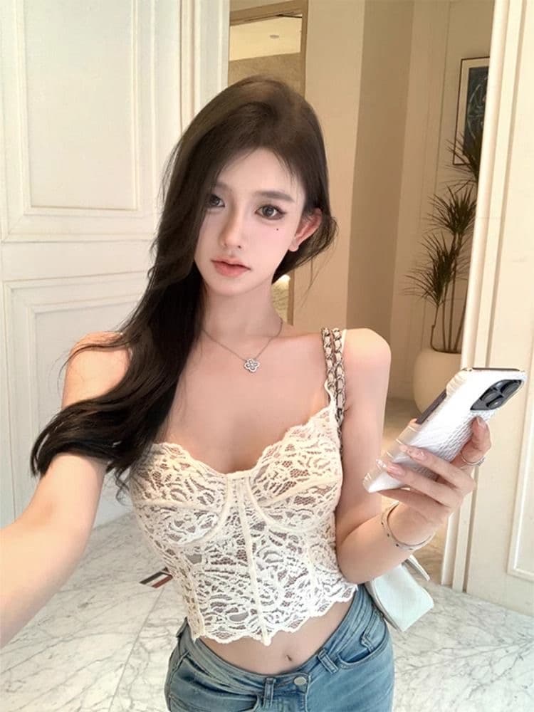 프랑스식 Chic 레이스 조각 섹시함 캐미솔 인사이드 가져 가라. 벨트 가슴 패드 화이트 핫걸 쇼트 스타일 만나는 맨위 상세 이미지 1