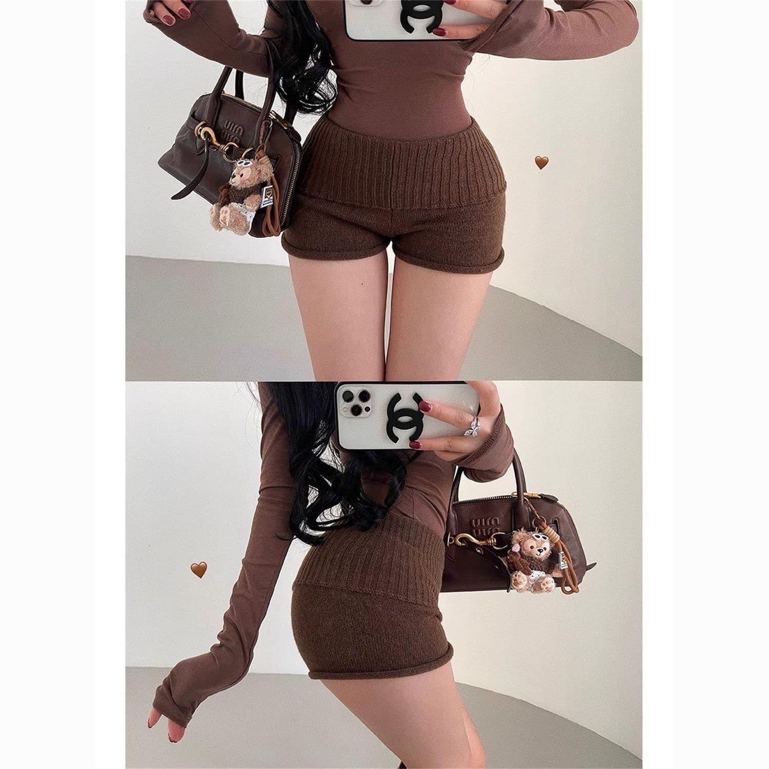 younggirlday 순수한 욕망 핫걸 바람 하이웨이스트 언더 뒤집다 바지 허리 볼륨 측면 디스플레이 다리 길이 신축성 니트 캐주얼 반바지 상세 이미지 1