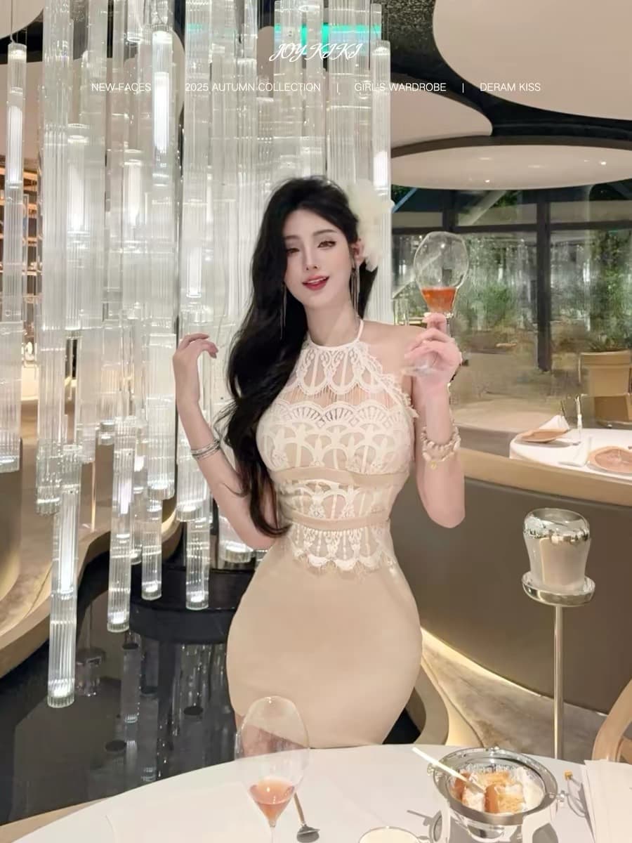 joykiki 골드 골드 달빛 모래 시계 품격 명문 여성 행침 목 쇼트 스타일 드레스 핫걸 슬림해 보이는 타이트 스커트 여성