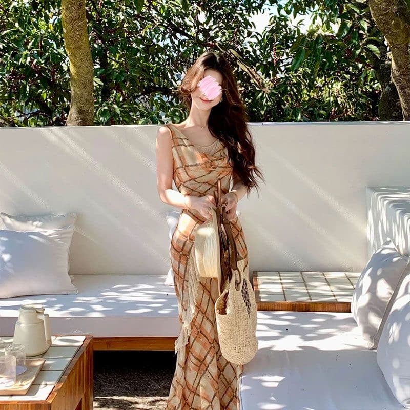 무쯔리 목자이 ~ 중 리 프랑스식 느긋한 흔들다 칼라 민소매 체크무늬 프린트 드레스 도루 센스 레이스 조각 쉬폰 롱 스커트 이미지 2