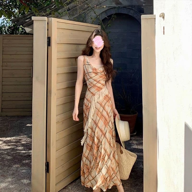 무쯔리 목자이 ~ 중 리 프랑스식 느긋한 흔들다 칼라 민소매 체크무늬 프린트 드레스 도루 센스 레이스 조각 쉬폰 롱 스커트 상세 이미지 4