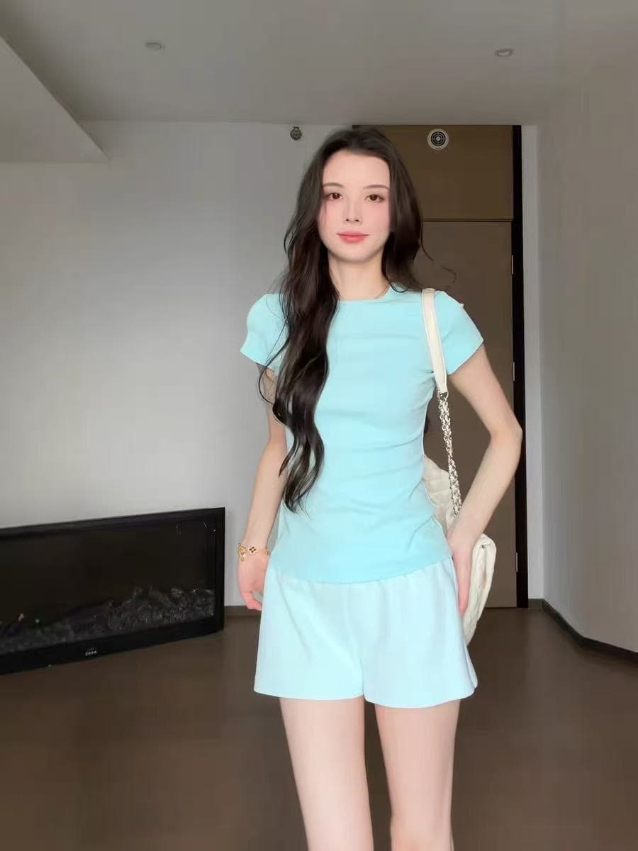 한 부서 미니멀리즘 바람 박하 블루 반팔 티셔츠 여성 여름 새로운 품격 몸매 가꾸기 슬림해 보이는 연령 감소 다용도 작은 맨위 이미지 2