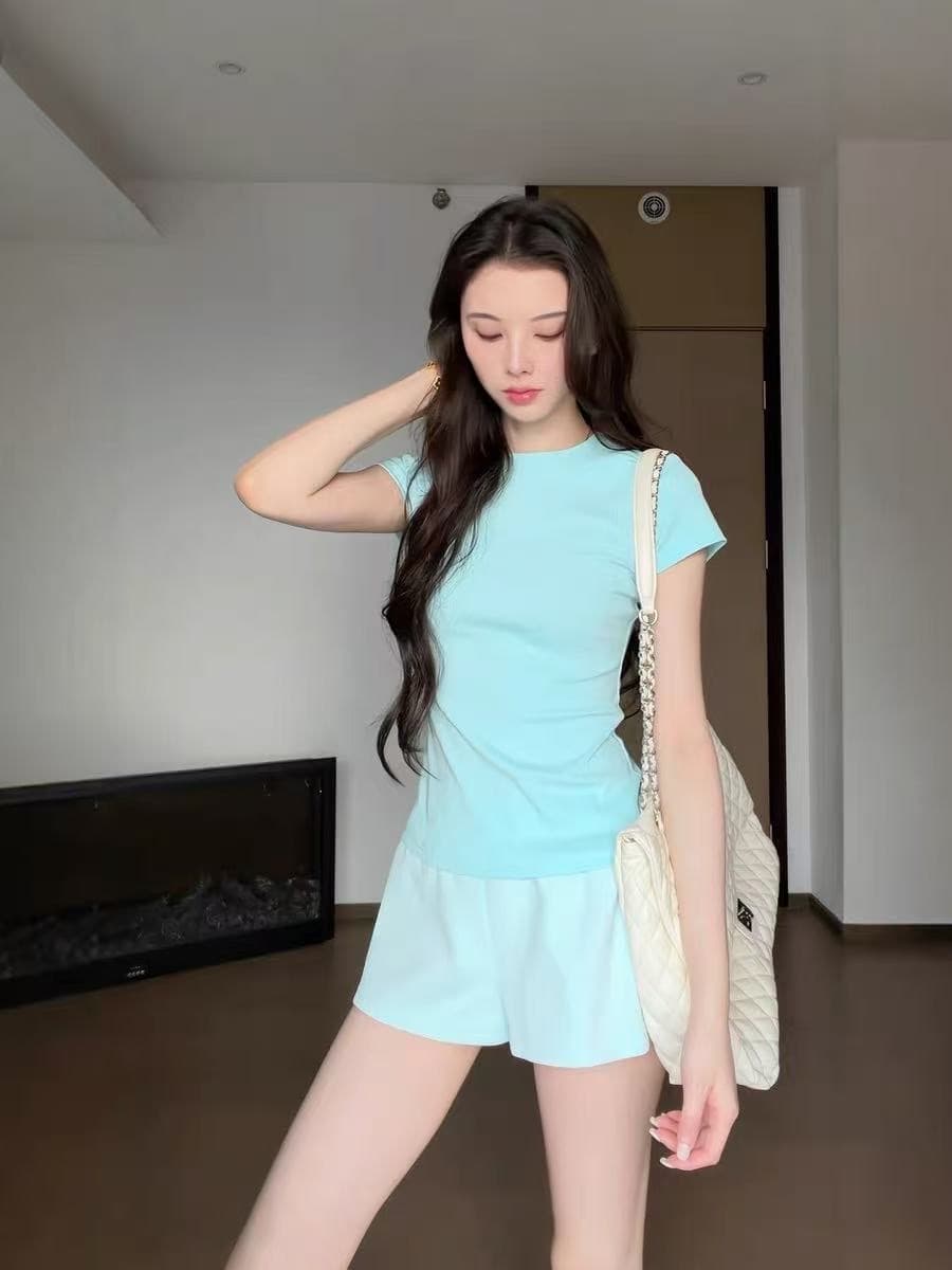 한 부서 미니멀리즘 바람 박하 블루 반팔 티셔츠 여성 여름 새로운 품격 몸매 가꾸기 슬림해 보이는 연령 감소 다용도 작은 맨위 상세 이미지 2