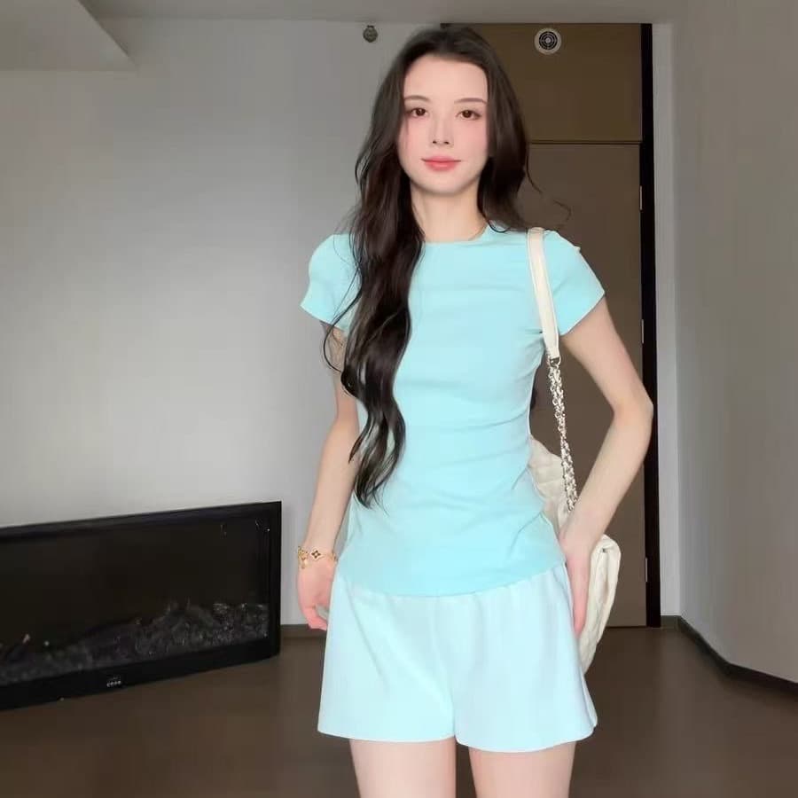 한 부서 미니멀리즘 바람 박하 블루 반팔 티셔츠 여성 여름 새로운 품격 몸매 가꾸기 슬림해 보이는 연령 감소 다용도 작은 맨위 이미지 5