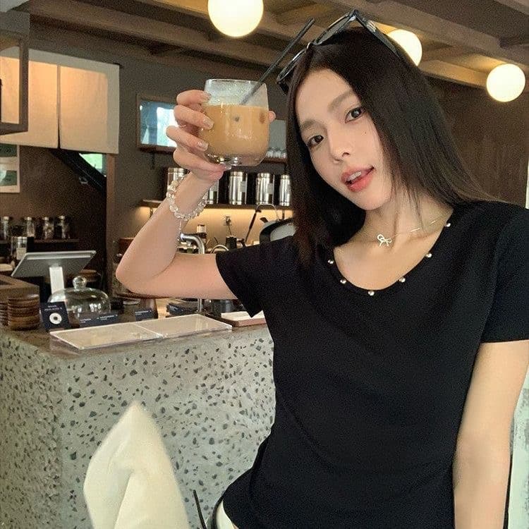 송 긍정적 인 En 화이트 라운드 넥 징 긍정적 인 어깨 반팔 티셔츠 여성 여름 한 부서 몸매 가꾸기 디자인 센스 디스플레이 얇고 작은 맨위 이미지 2