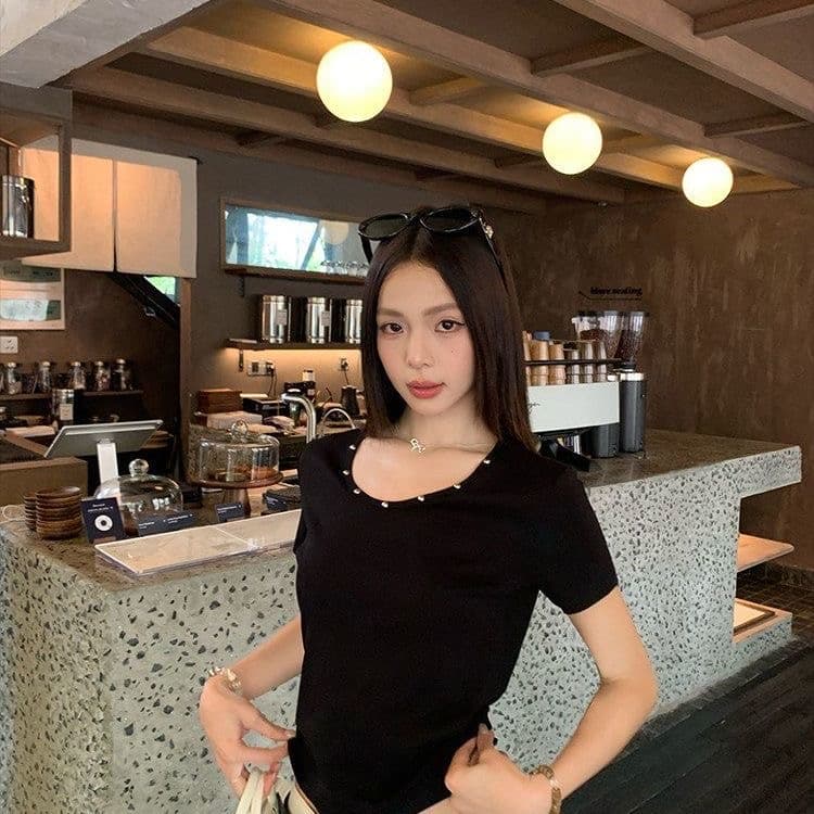송 긍정적 인 En 화이트 라운드 넥 징 긍정적 인 어깨 반팔 티셔츠 여성 여름 한 부서 몸매 가꾸기 디자인 센스 디스플레이 얇고 작은 맨위 이미지 3