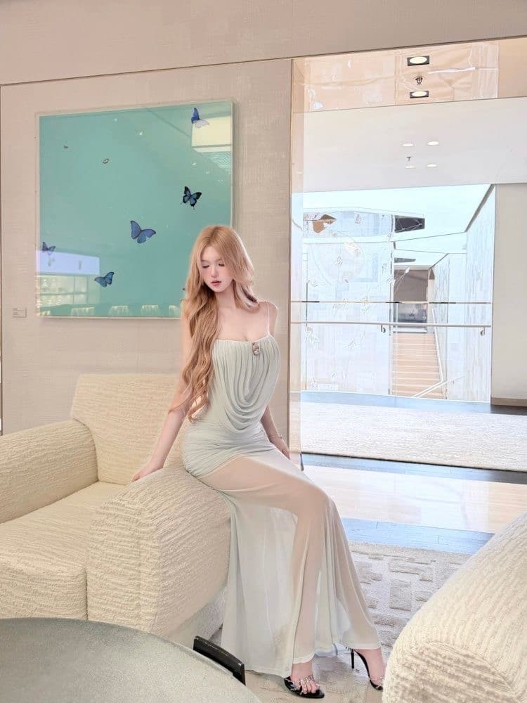kubiliv 인어 뮤즈 도루 가을 센스 흔들다 칼라 허리 수축 좋은 어깨끈 망사 슬립 롱 스커트 여성 드레스 상세 이미지 2