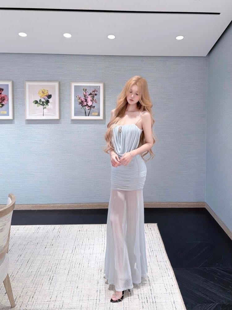 kubiliv 인어 뮤즈 도루 가을 센스 흔들다 칼라 허리 수축 좋은 어깨끈 망사 슬립 롱 스커트 여성 드레스 상세 이미지 4