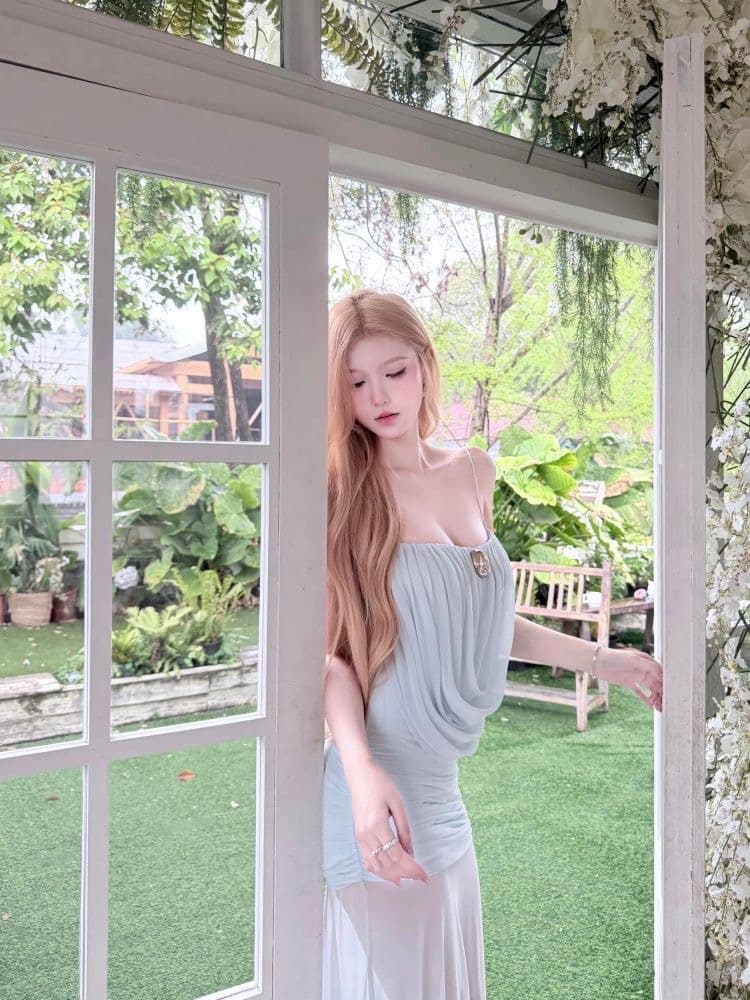 kubiliv 인어 뮤즈 도루 가을 센스 흔들다 칼라 허리 수축 좋은 어깨끈 망사 슬립 롱 스커트 여성 드레스 상세 이미지 5