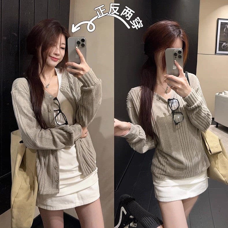 한 부서 이른 가을 착용 가져 가라. 화이트 반팔 티셔츠 여성 외부 가져 가라. 구덩이 기사 긴팔 니트 오픈 가디건 쇼트 스타일 재킷 투피스 세트 이미지 4