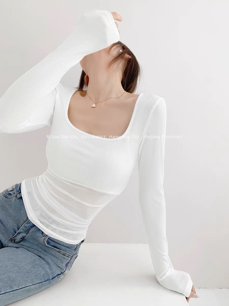 순수한 욕망 바람 시스루 망사 패치워크 광장 칼라 긴팔 티셔츠 여성 이른 가을 섹시함 몸매 가꾸기 슬림해 보이는 쇼트 스타일 만나는 맨위 이미지 3