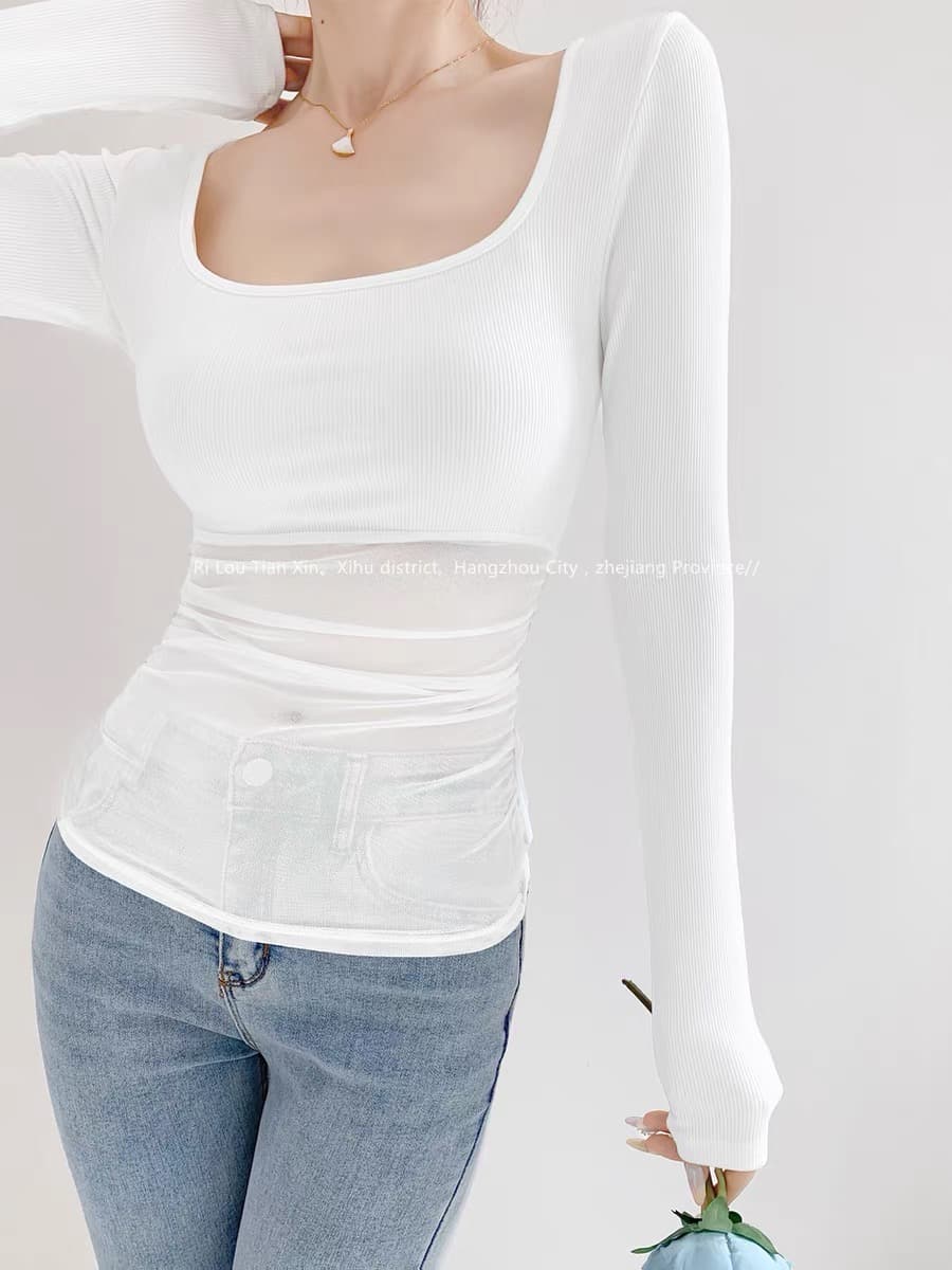 순수한 욕망 바람 시스루 망사 패치워크 광장 칼라 긴팔 티셔츠 여성 이른 가을 섹시함 몸매 가꾸기 슬림해 보이는 쇼트 스타일 만나는 맨위 이미지 2