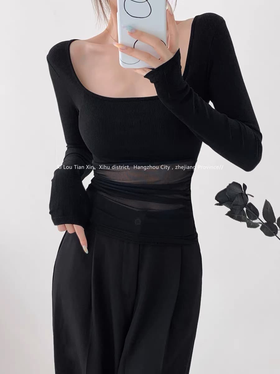 순수한 욕망 바람 시스루 망사 패치워크 광장 칼라 긴팔 티셔츠 여성 이른 가을 섹시함 몸매 가꾸기 슬림해 보이는 쇼트 스타일 만나는 맨위