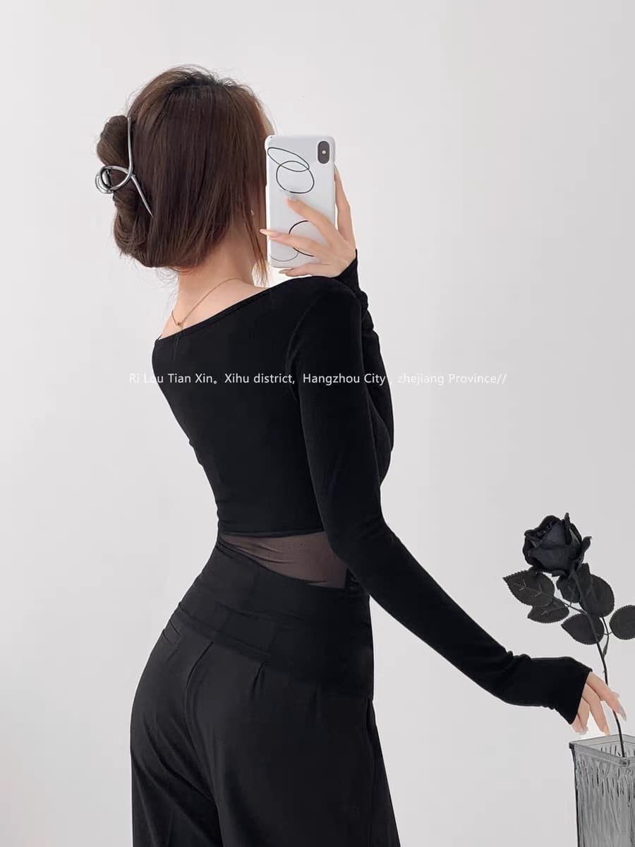 순수한 욕망 바람 시스루 망사 패치워크 광장 칼라 긴팔 티셔츠 여성 이른 가을 섹시함 몸매 가꾸기 슬림해 보이는 쇼트 스타일 만나는 맨위 상세 이미지 5