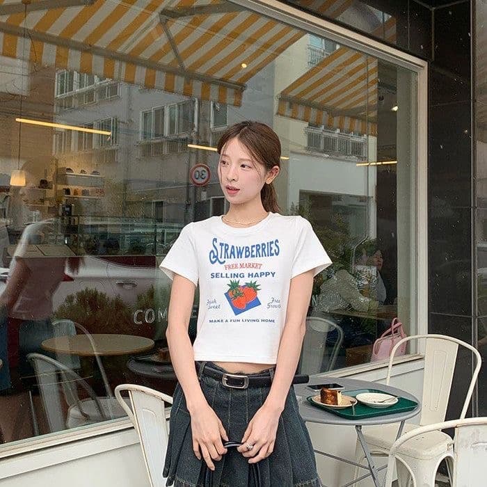 딸기 알파벳 프린트 반팔 긍정적 인 어깨 티셔츠 여성 여름 아메리칸 레트로 달콤한 핫걸 몸매 가꾸기 쇼트 스타일 다용도 맨위 상세 이미지 2