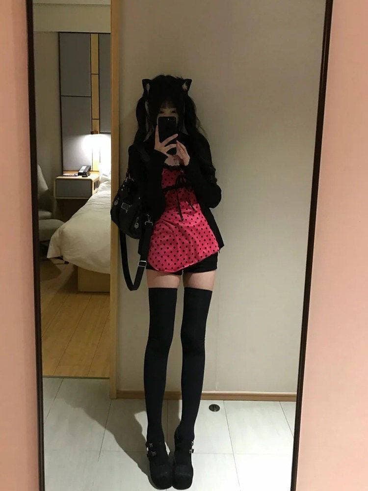 일본식 고대 조기 핫걸 바람 검정색 자외선 차단 오픈 가디건 이른 가을 로즈 레드 도트 무늬 몸매 가꾸기 슬림해 보이는 슬립 맨위 세트 이미지 2