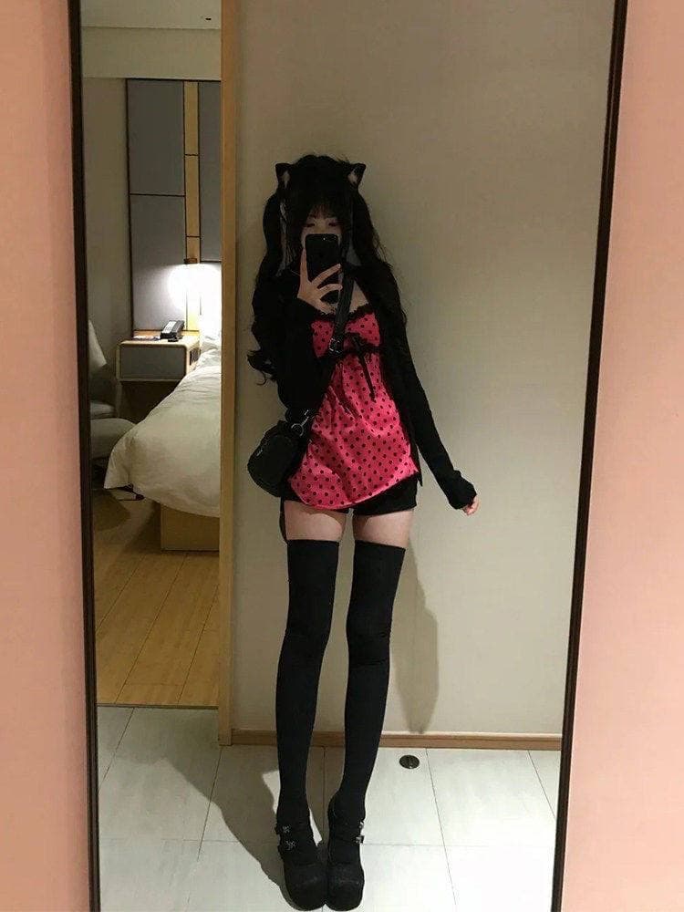 일본식 고대 조기 핫걸 바람 검정색 자외선 차단 오픈 가디건 이른 가을 로즈 레드 도트 무늬 몸매 가꾸기 슬림해 보이는 슬립 맨위 세트 이미지 4
