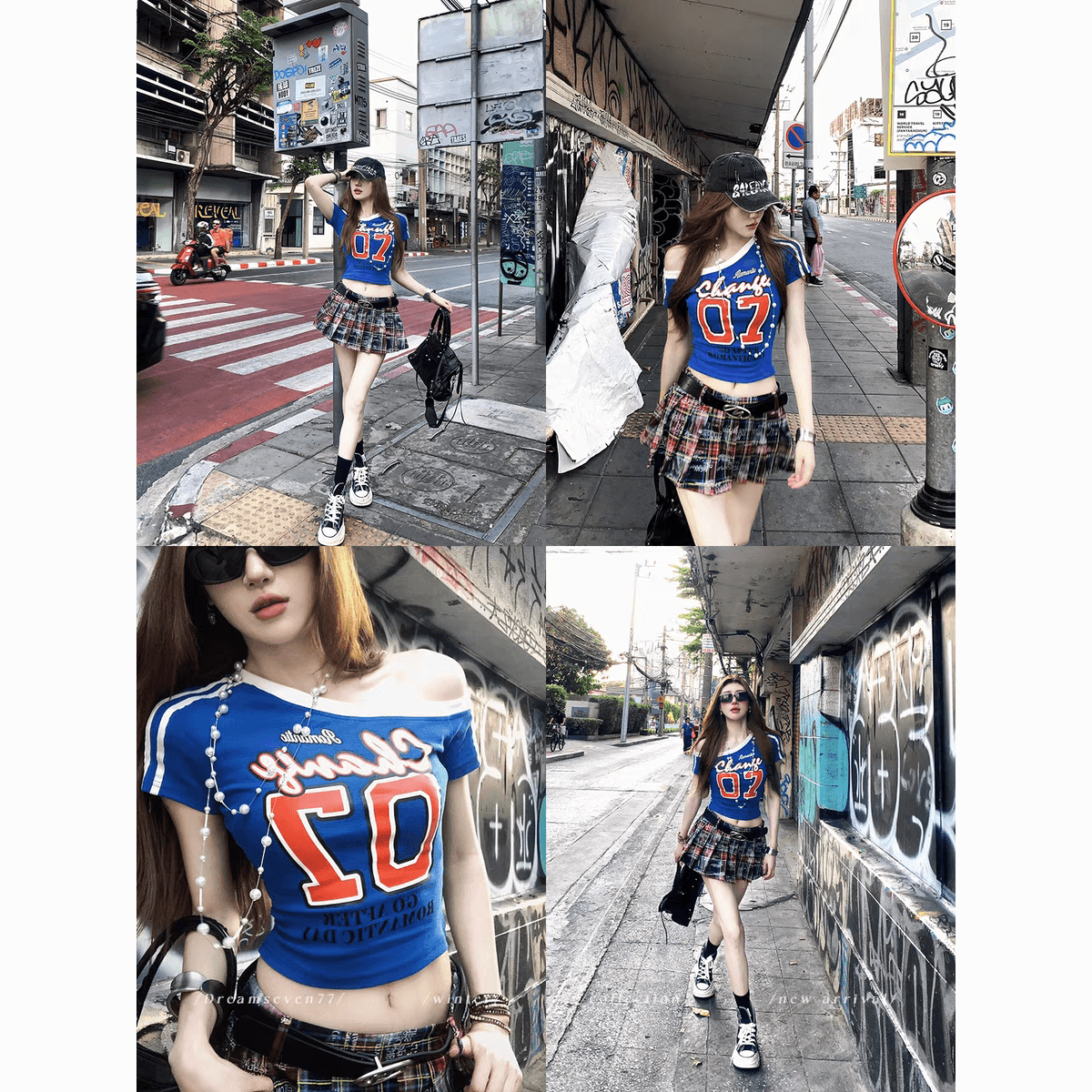 아메리칸 순수한 욕망 바람 핫걸 비스듬한 어깨 스트라이프 티셔츠 여성 여름 새로운 몸매 가꾸기 쇼트 스타일 재즈 댄스 오프숄더 맨위 여성 상세 이미지 1