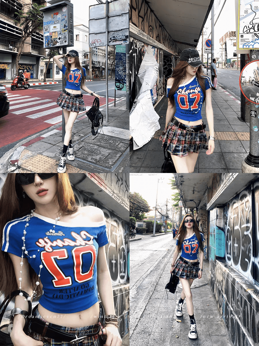 아메리칸 순수한 욕망 바람 핫걸 비스듬한 어깨 스트라이프 티셔츠 여성 여름 새로운 몸매 가꾸기 쇼트 스타일 재즈 댄스 오프숄더 맨위 여성 이미지 3