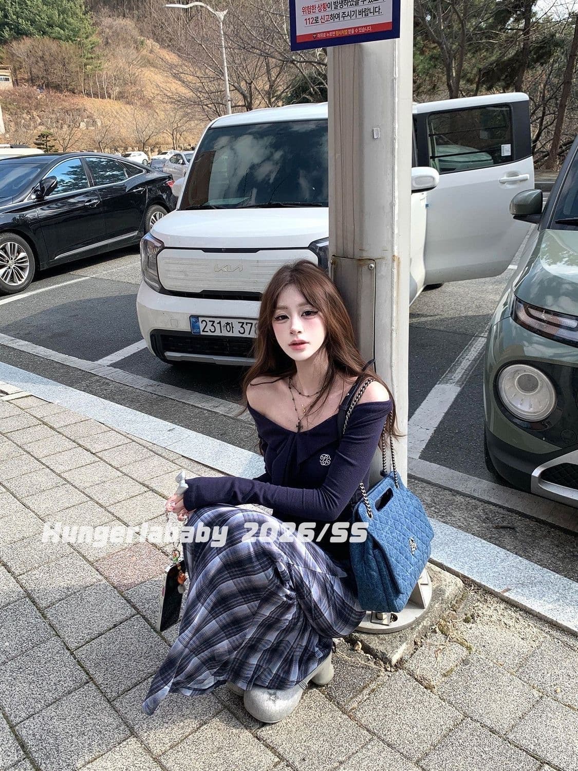 popwest 丨 레이스업 오프숄더 긴팔 니트 스웨터 스웨터 몸매 가꾸기 다용도 맨위 체크무늬 롱 스커트 세트 상세 이미지 5