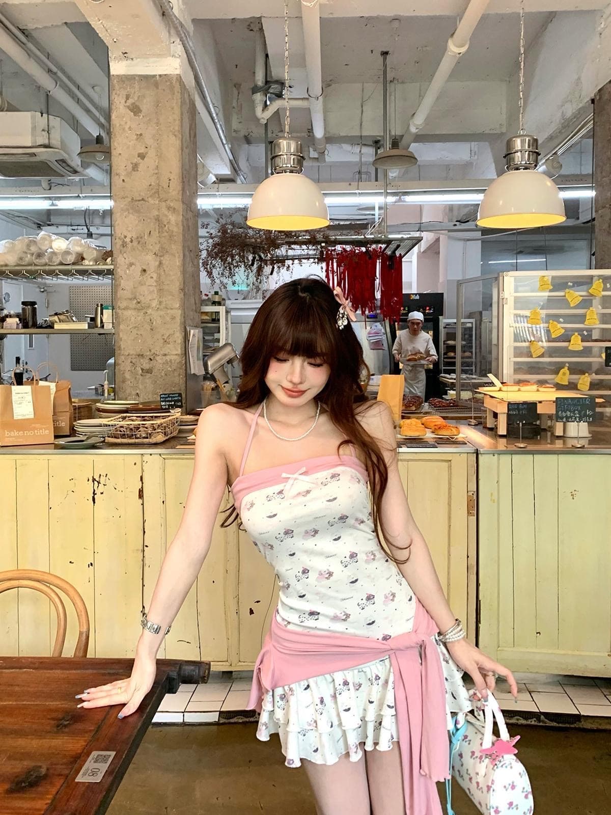 달콤한 매운맛 교사 허리 수축 슬림해 보이는 순수한 욕망 핫걸 행침 목 드레스 자외선 차단 오픈 가디건 여성 여름 미니 스커트 투피스 세트 상세 이미지 3