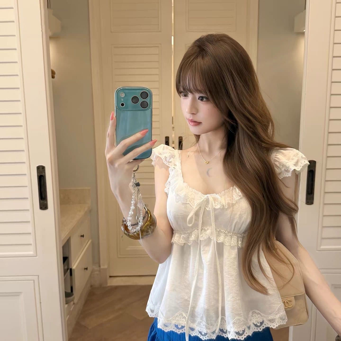 훈제 한 복숭아 복숭아 embertia 레트로 파란색 휴가 불규칙 레이스 디자인 자수 자카드 한 마디 반신 스커트 상세 이미지 2