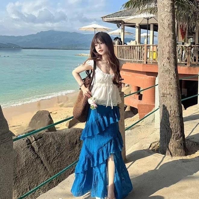 훈제 한 복숭아 복숭아 embertia 레트로 파란색 휴가 불규칙 레이스 디자인 자수 자카드 한 마디 반신 스커트 상세 이미지 5