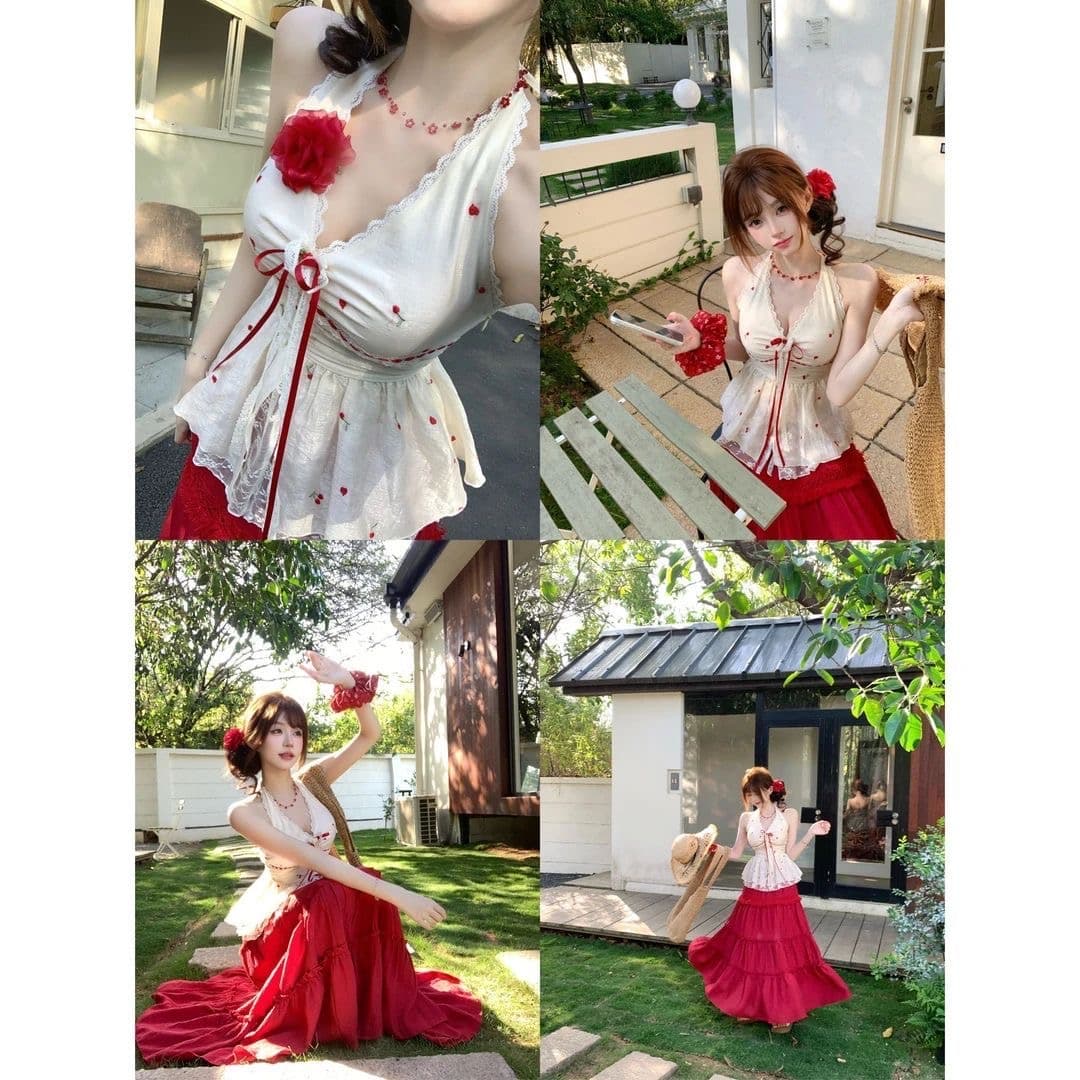 여름 휴가 치마 달콤함 화이트 레이스 행침 목 슬립 드레스 빨간색 롱 스커트 투피스 세트 프랑스식 분위기 센스 치마