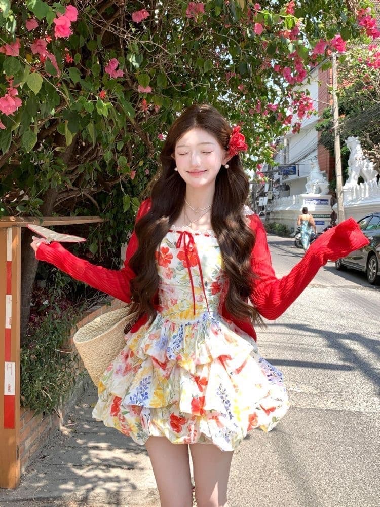 장미 섬 해변가 휴가 꽃무늬 슬립 여성 드레스 여름 드레스 도파민 빨간색 오픈 가디건 Mingyan 미니 스커트 세트 상세 이미지 2