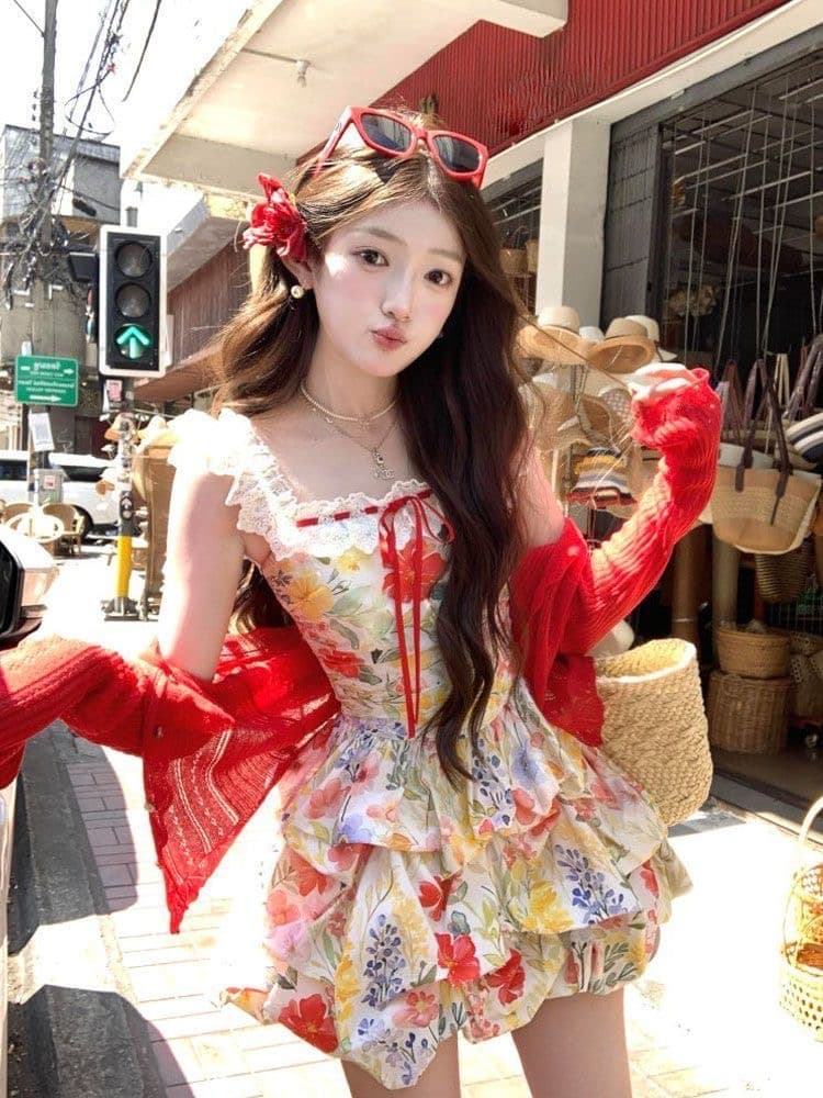 장미 섬 해변가 휴가 꽃무늬 슬립 여성 드레스 여름 드레스 도파민 빨간색 오픈 가디건 Mingyan 미니 스커트 세트 상세 이미지 3