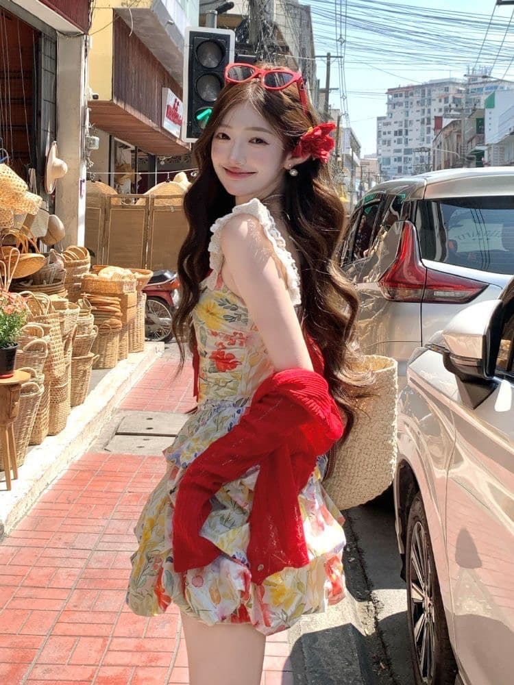 장미 섬 해변가 휴가 꽃무늬 슬립 여성 드레스 여름 드레스 도파민 빨간색 오픈 가디건 Mingyan 미니 스커트 세트 상세 이미지 4