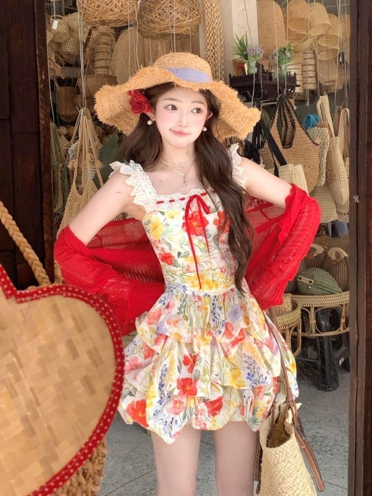 장미 섬 해변가 휴가 꽃무늬 슬립 여성 드레스 여름 드레스 도파민 빨간색 오픈 가디건 Mingyan 미니 스커트 세트