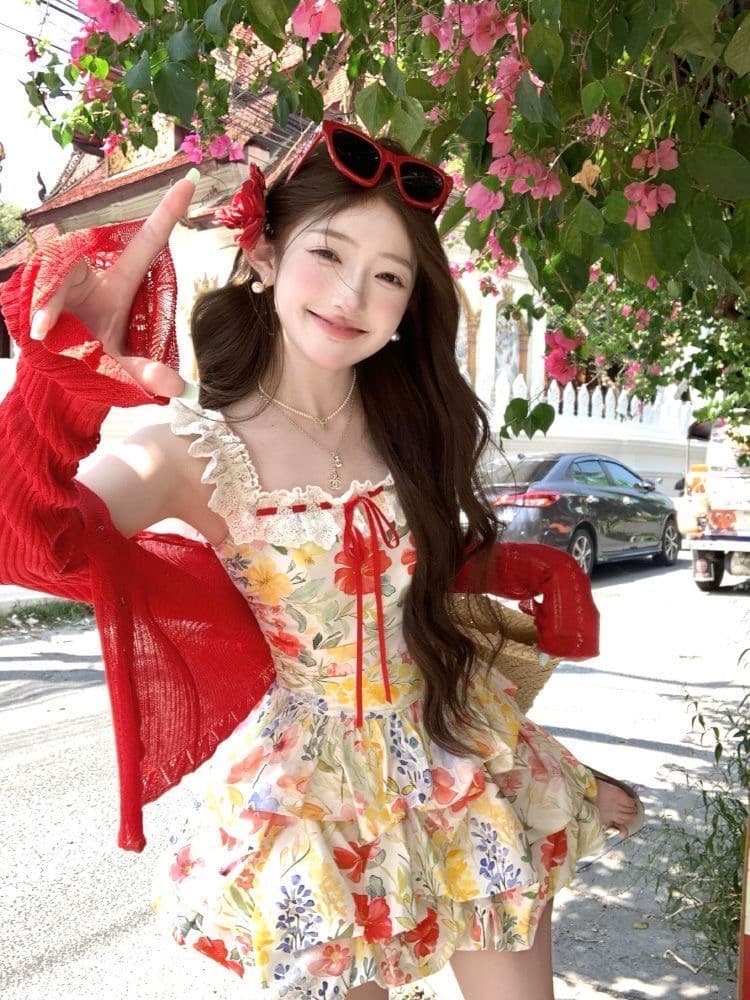 장미 섬 해변가 휴가 꽃무늬 슬립 여성 드레스 여름 드레스 도파민 빨간색 오픈 가디건 Mingyan 미니 스커트 세트 이미지 3
