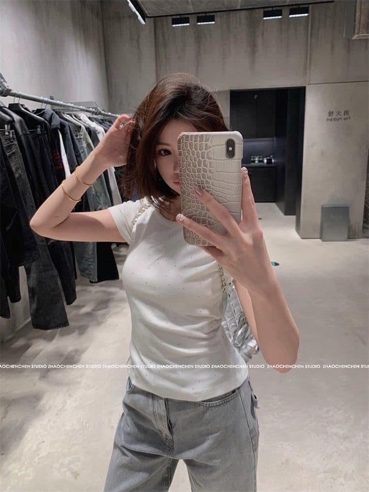 우 77 아메리칸 도트 무늬 별 자수 라운드 넥 반팔 티셔츠 여성 여름 달콤한 핫걸 긍정적 인 어깨 슬림해 보이는 쇼트 스타일 맨위 상세 이미지 1