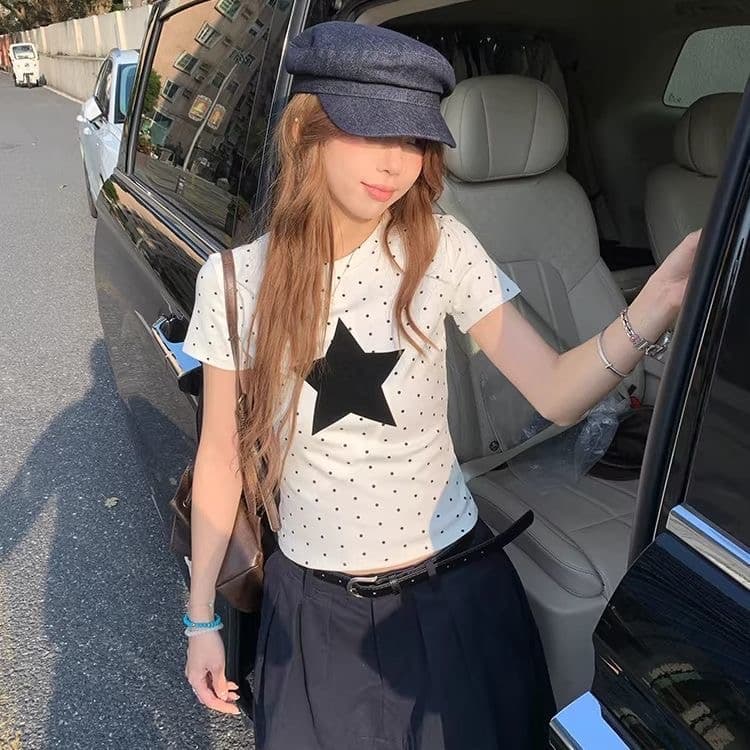 우 77 아메리칸 도트 무늬 별 자수 라운드 넥 반팔 티셔츠 여성 여름 달콤한 핫걸 긍정적 인 어깨 슬림해 보이는 쇼트 스타일 맨위 상세 이미지 4