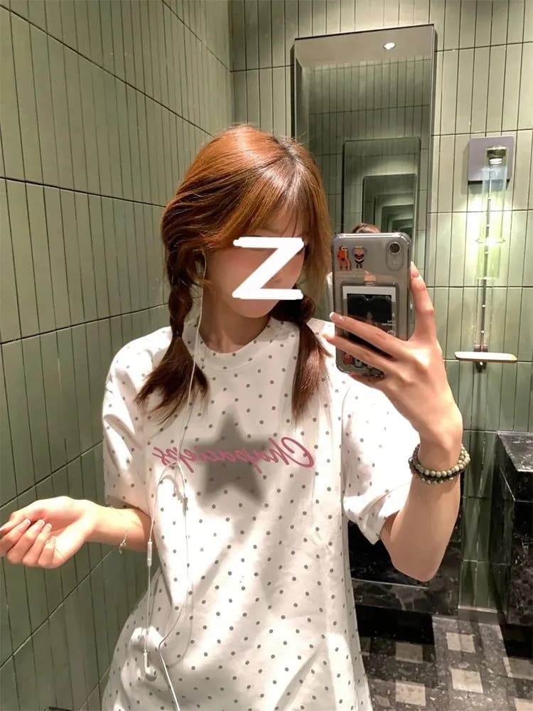 아메리칸 레트로 도트 무늬 별 알파벳 반팔 티셔츠 여성 2026 새로운 여름 루즈핏 디자인 센스 작은 대중 맨위 이미지 2