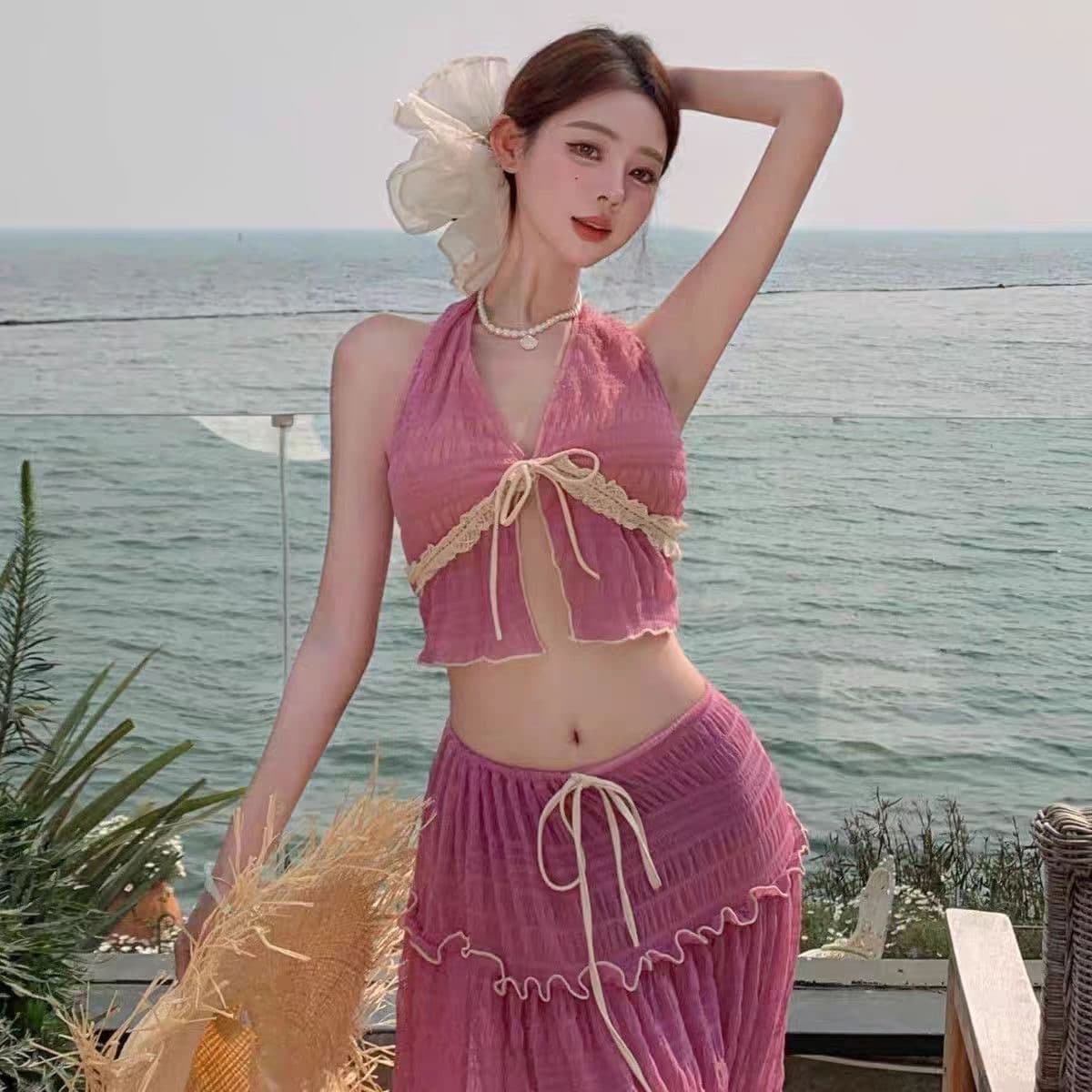 태국 해변가 휴가 착용 가져 가라. 여성 순수한 욕망 섹시함 백리스 행침 목 조끼 시스루 반신 스커트 투피스 드레스 상세 이미지 2