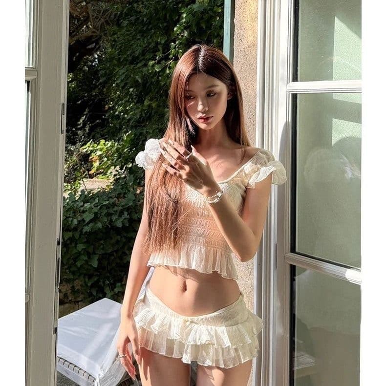 프랑스식 순수한 욕망 바람 섹시함 화이트 분리형 케이크 드레스 수영복 여성 오프숄더 펌프 Pleat 작은 가슴 온천 휴가 수영복 이미지 3