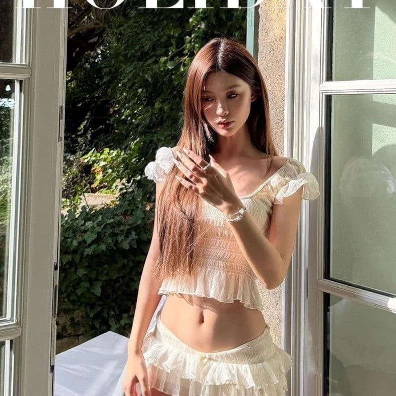 프랑스식 순수한 욕망 바람 섹시함 화이트 분리형 케이크 드레스 수영복 여성 오프숄더 펌프 Pleat 작은 가슴 온천 휴가 수영복 상세 이미지 2