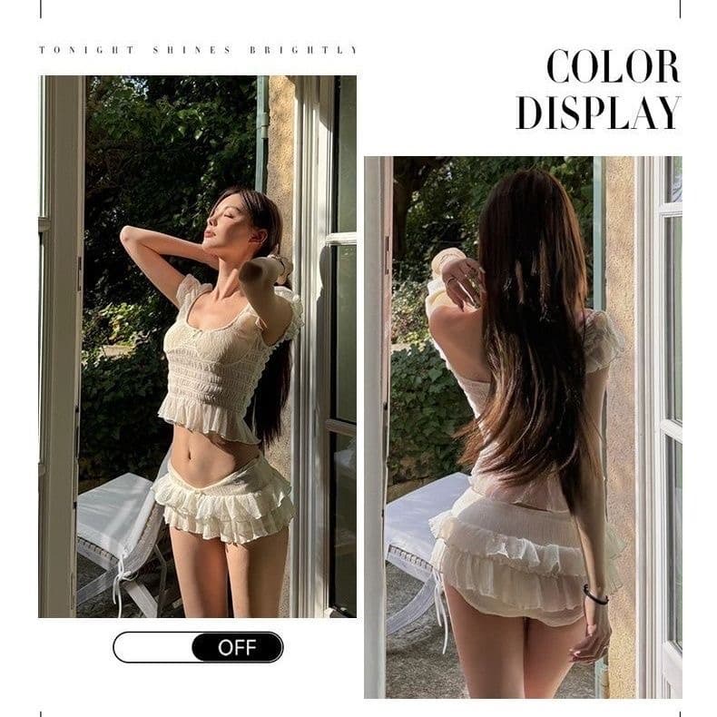 프랑스식 순수한 욕망 바람 섹시함 화이트 분리형 케이크 드레스 수영복 여성 오프숄더 펌프 Pleat 작은 가슴 온천 휴가 수영복 상세 이미지 4