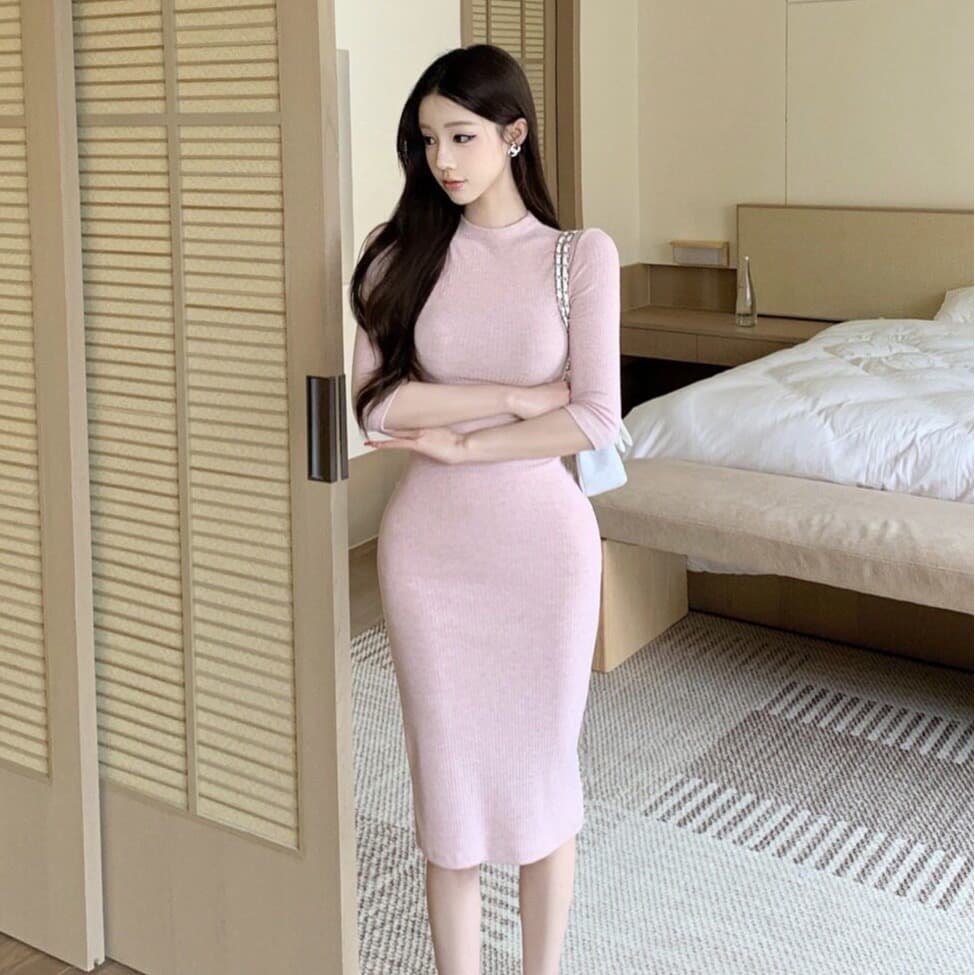 핑크색 반하이넥 니트 중간 소매 여성 드레스 여름 섹시함 순수한 욕망 아름다운 품격 몸매 가꾸기 타이트 스커트 짧은 치마 이미지 5