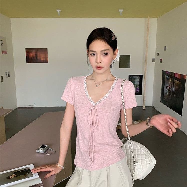송 긍정적 인 En 보라색 V넥 레이스 스트랩 반팔 티셔츠 여성 여름 한 부서 몸매 가꾸기 슬림해 보이는 긍정적 인 어깨 다용도 작은 맨위 이미지 2