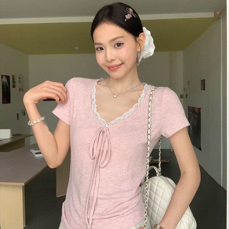 송 긍정적 인 En 보라색 V넥 레이스 스트랩 반팔 티셔츠 여성 여름 한 부서 몸매 가꾸기 슬림해 보이는 긍정적 인 어깨 다용도 작은 맨위 이미지 4